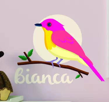 Vinilo bebés pájaro rosa en rama con nombre - TenVinilo