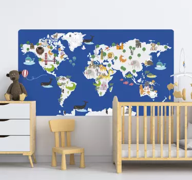 Vinilo pared azul floral fauna mapa del mundo vinilo  - TenVinilo