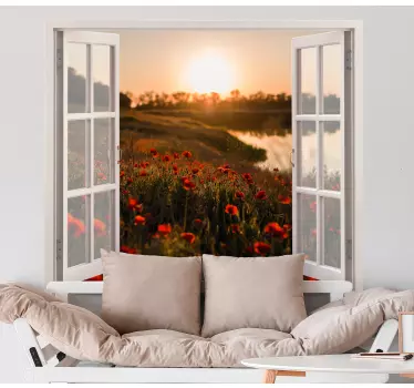 Vinilo 3D ventana campo de amapolas - TenVinilo