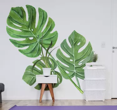Vinilo para pared living de planta hojas de acuarela monstera - TenVinilo