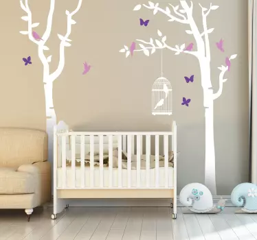 Vinilo infantil árbol con aves y mariposas - TenVinilo