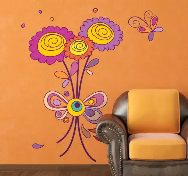 Vinilo decorativo flores violetas y mariposa - TenVinilo