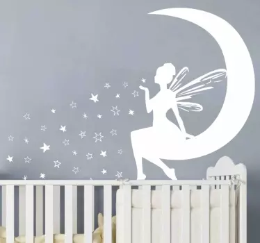 Vinilo decorativo hada soplando estrellas en luna - TenVinilo