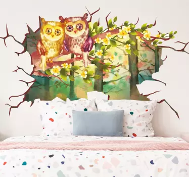 Vinilo decorativo ilustración Trompe l'oeil búhos paisaje - TenVinilo