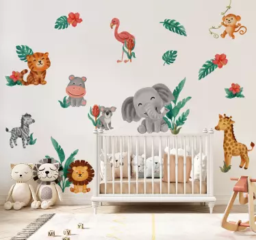 Vinilo dormitorio infantil lindos animales de safari - TenVinilo