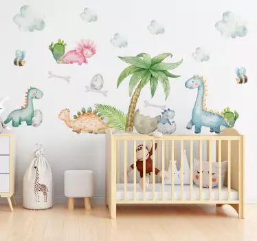Vinilo dormitorio infantil lindos dinosaurios de acuarela - TenVinilo