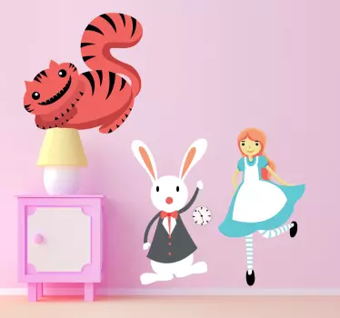 Vinilo infantil Alicia conejo y gato - TenVinilo