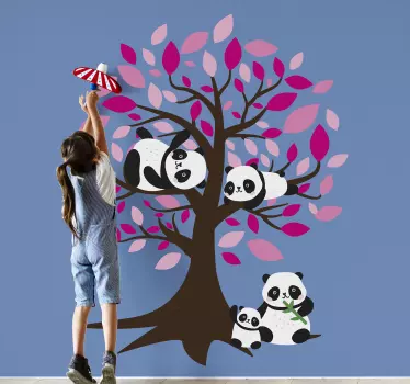 Vinilo decorativo árbol con panda niños - TenVinilo