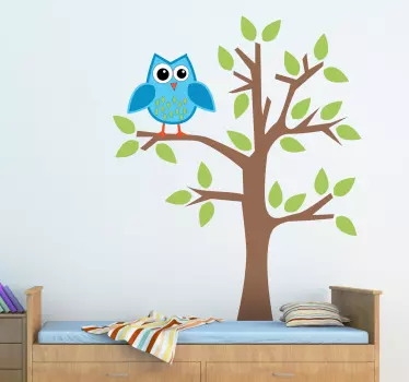 Vinilo infantil búho azul en árbol - TenVinilo