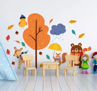 Vinilo para niños con animales en paisaje de otoño - TenVinilo