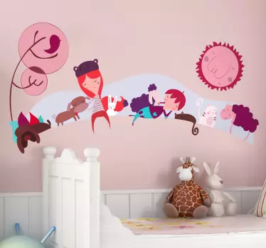 Vinilo infantil paisaje mascotas tonos morados - TenVinilo