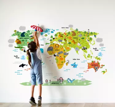 Vinilo pared mapamundi con fauna en inglés - TenVinilo