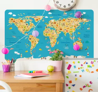 Vinilo mapamundi rectangular fauna infantil - TenVinilo
