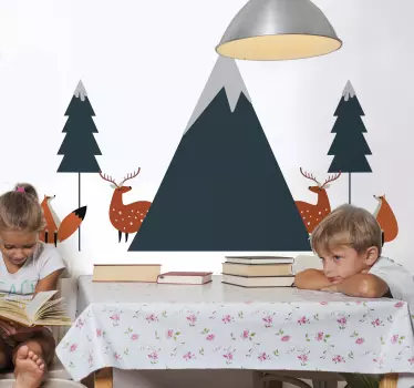 Vinilo niños montaña y ciervo estilo nórdico - TenVinilo