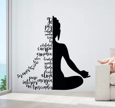 Vinilo para pared living original Silueta yoga texto - TenVinilo
