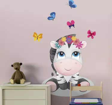 Vinilo para niñas cebra bebé mariposas coloridas - TenVinilo