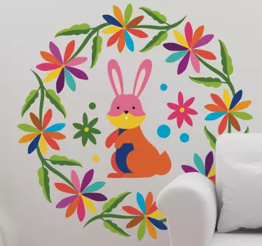 Vinilo para niñas conejo rodeado flores tenango - TenVinilo