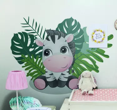 Vinilo para niñas nórdico cebra en hoja monstera - TenVinilo