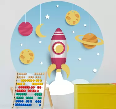 Vinilo para niños cohete y planetas sobre cielo - TenVinilo