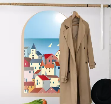 Vinilo pared 3D ventana con vistas a Grecia dibujado - TenVinilo