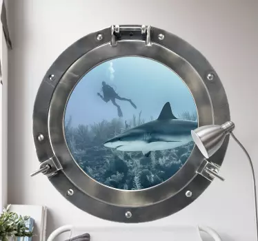 Vinilo pared 3d vistas al mar con tiburón - TenVinilo
