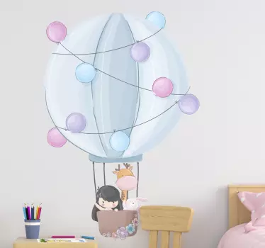 Vinilo pared globo azul con animales y niña  - TenVinilo