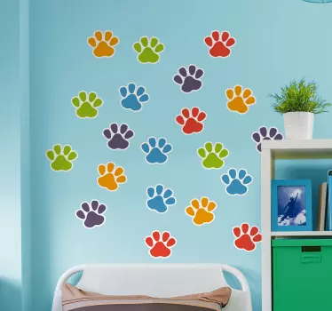Vinilo pared huellas de perro coloridas - TenVinilo