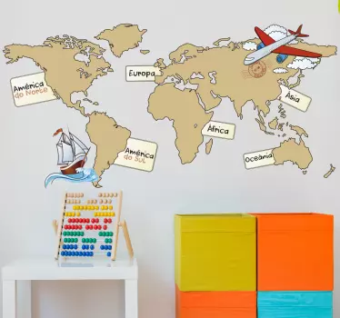 Vinilo infantil mapa mundi con continentes PT - TenVinilo