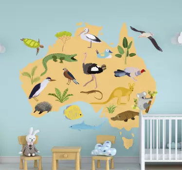 Vinilo pared mapamundi Australia con fauna - TenVinilo