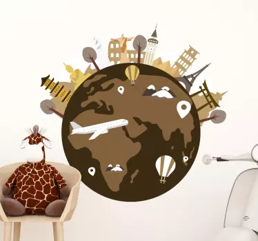 Vinilo decorativo mapamundi vintage con edificios - TenVinilo