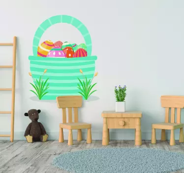 Vinilo pared Pascua cesta azul con huevos - TenVinilo