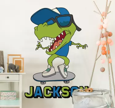 Vinilo pared T-Rex en skate con nombre - TenVinilo