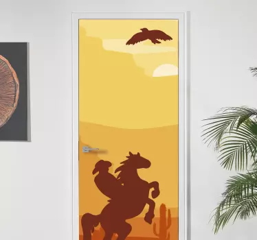 Vinilo puerta paisaje cowboy con vaquero - TenVinilo