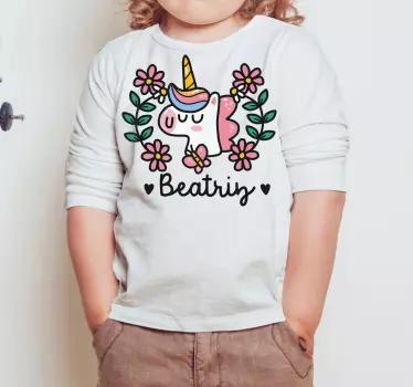 Camiseta niños unicornio bonito flores - TenVinilo
