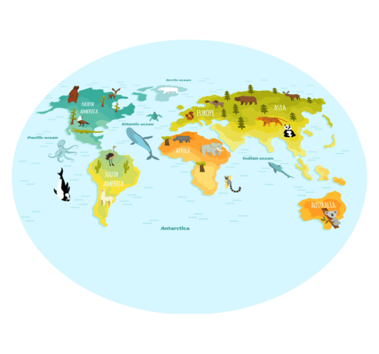 Alfombra de vinilo mapamundi Diseño colorido con animales típicos - TenVinilo