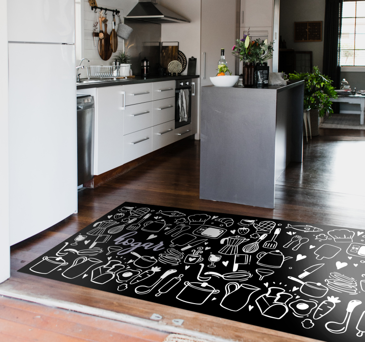 Alfombra cocina elementos blanco y negro - TenVinilo