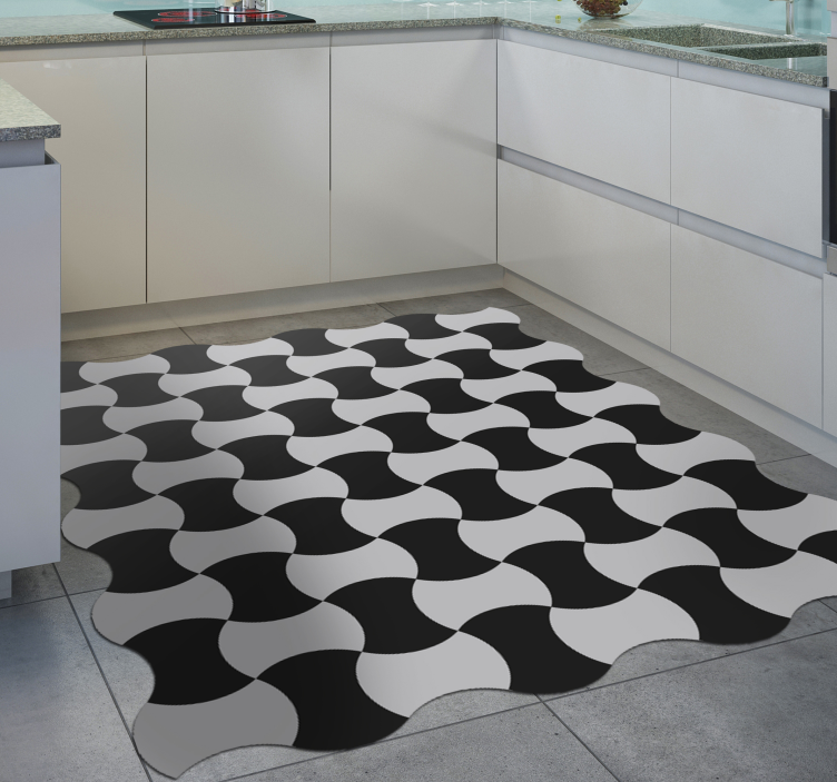 Alfombra vinílica geométrica curvas en blanco y negro - TenVinilo