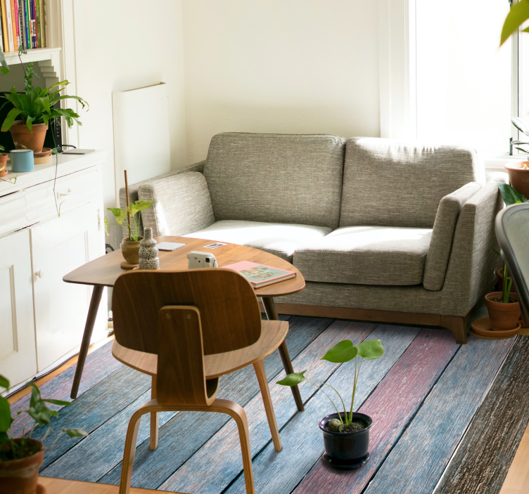 Alfombra vinílica imitación madera tablones azules y rosas - TenVinilo