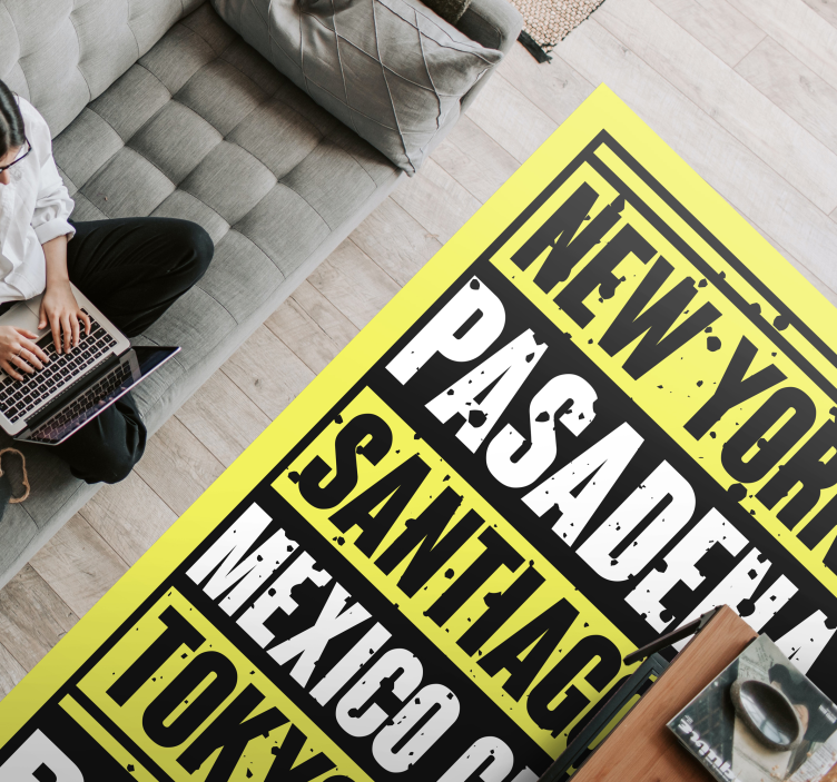 Alfombra vinílica frase superposición de texto de ciudades - TenVinilo