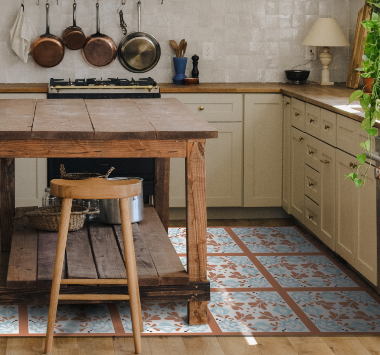 Alfombra vinílica hidráulica Azulejos mediterráneos florales - TenVinilo