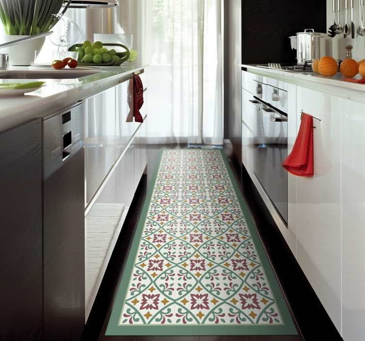Alfombra vinílica para cocina floral roja y verde - TenVinilo
