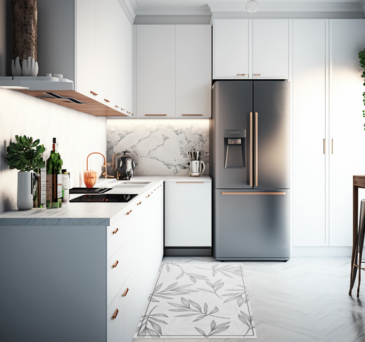 Alfombras vinílica para cocina gris patrón hojas - TenVinilo