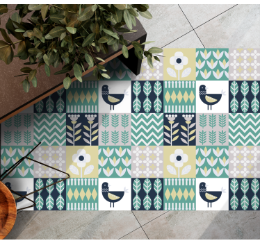 Alfombra vinílica hidráulica patrón de pájaros coloridos - TenVinilo