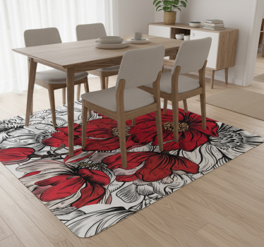 Alfombra vinílica comedor flores rojas y blancas - TenVinilo