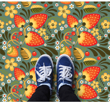Alfombra vinílica étnica Fresas rusas y plantas verdes - TenVinilo
