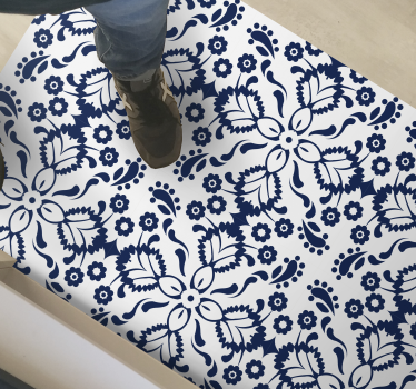 Alfombra vinílica hidráulica diseño floral azul y blanco - TenVinilo