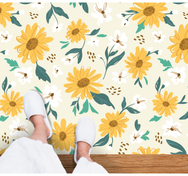 Alfombra vinilo dormitorio Girasoles vintage y flores de margarit - TenVinilo