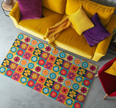 Alfombra vinilo azulejos flores hippies multicolores - TenVinilo