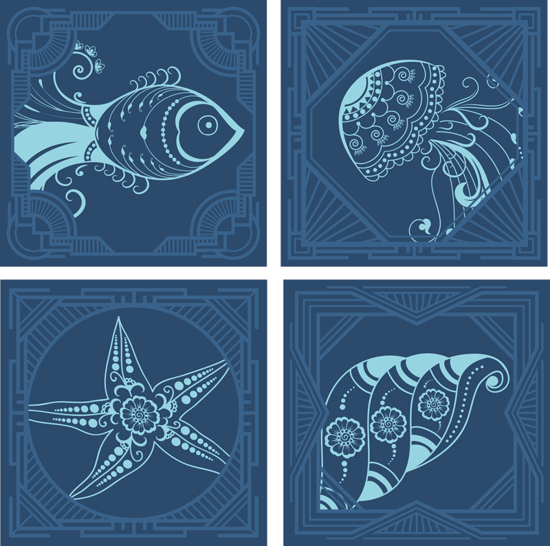 Alfombra vinílica animales azulejos ornamentales azules - TenVinilo