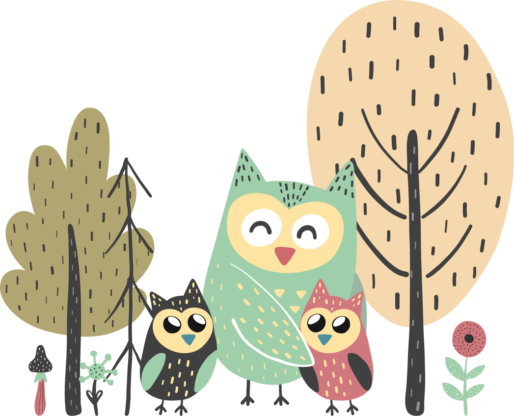 Alfombra vinílica animales búhos coloridos en árbol - TenVinilo
